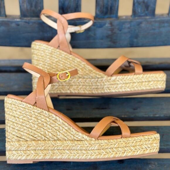 Stuart Weitzman Braida Espadrille Wedge Sandal Tan Leather Women 11B Made Spain - Picture 5 of 10